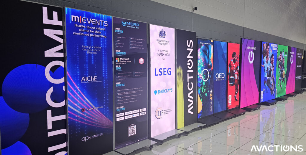 Image of LED posters displaying various graphics at AV Actions studio